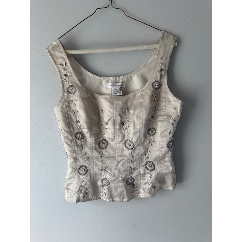 New Port News Champagne Satin Embroidered Floral Beaded Sleeveless Top Size 10